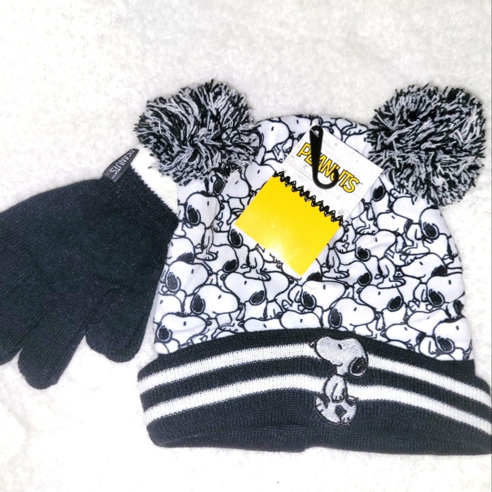 🆕️ Peanuts Snoopy Kids Black White Double Pom-Pom Beanie Hat Gloves Set One Sz